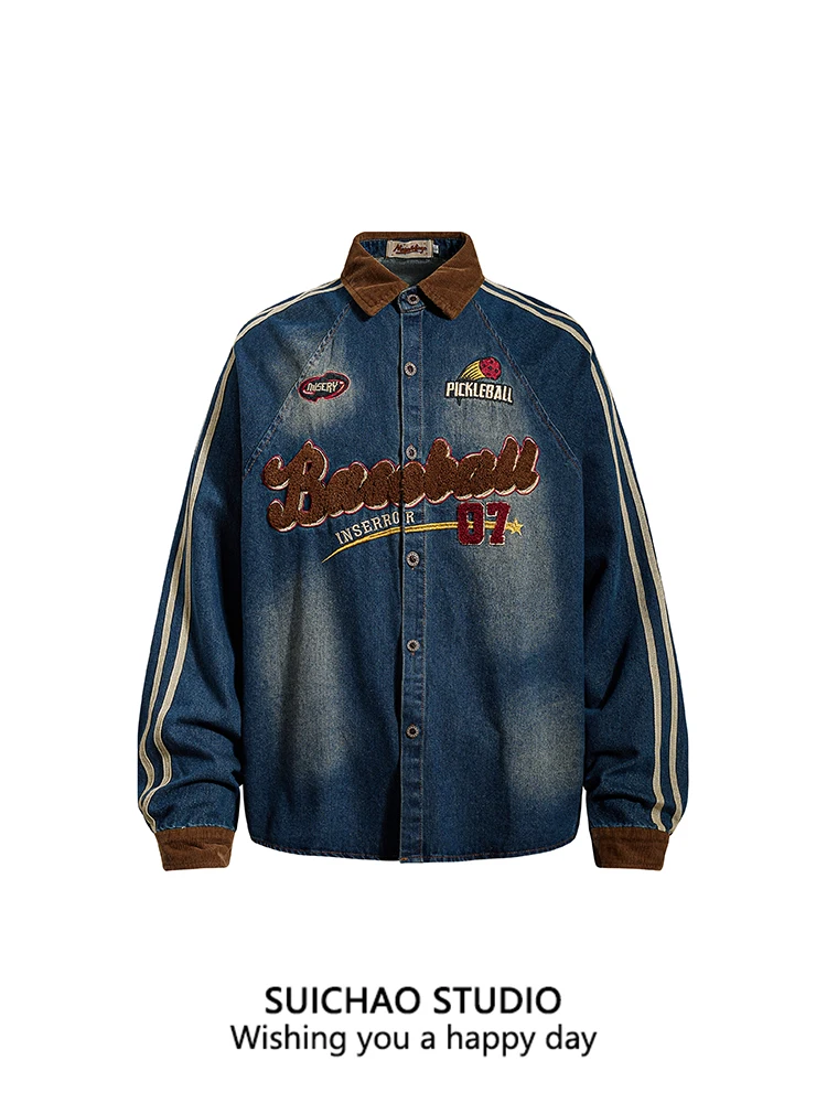 

Suichao American Retro Letter Embroidery Denim Jaet Casual Loose Men's Vintage Coat Cotton 00% Wear Resistant Long Sve