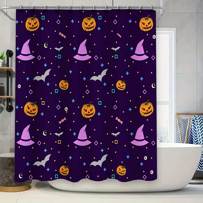 Purple Halloween shower curtain with pumpkin witches hat bats candy cane pattern for bathroom decor in home accessories