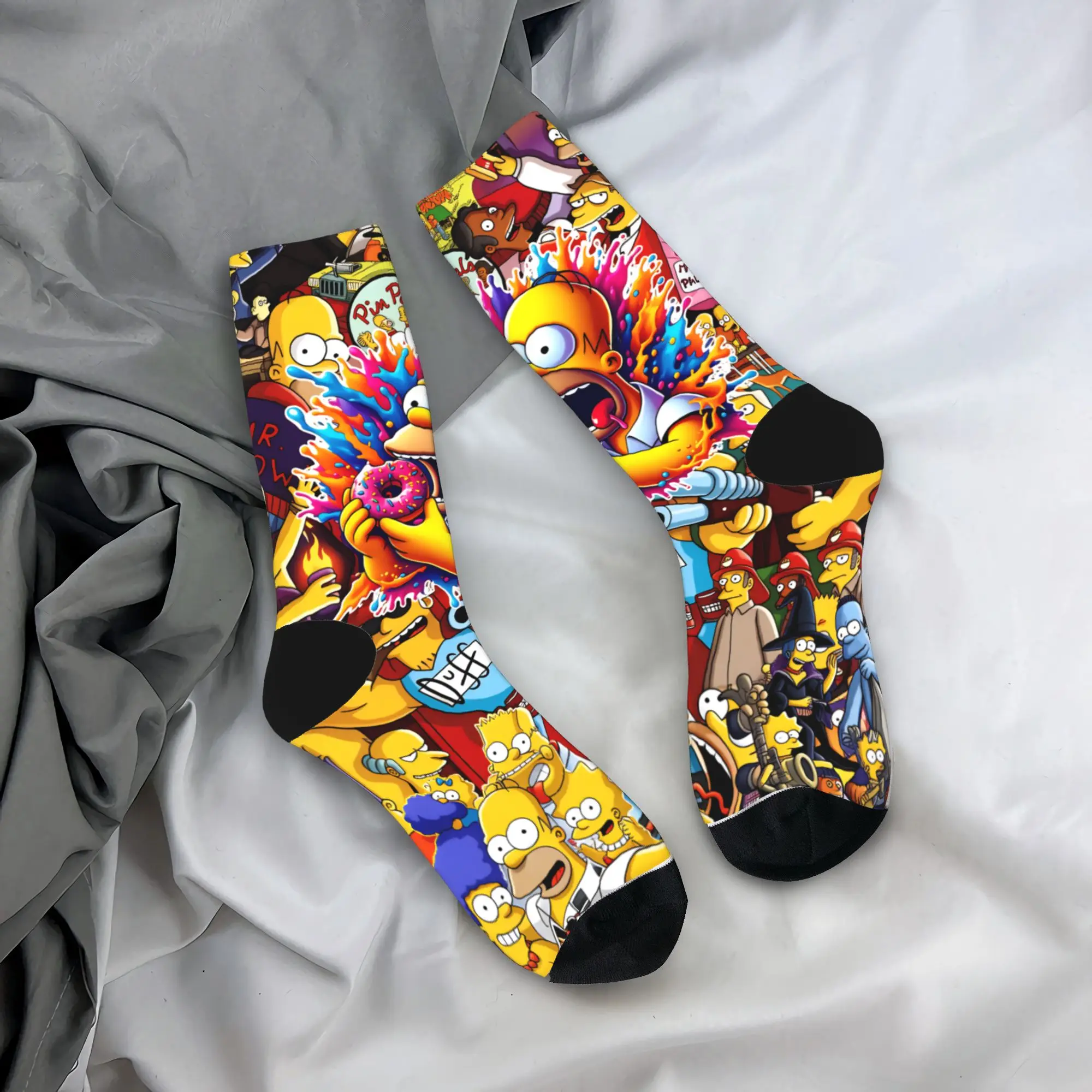 

Funny S-Simpsons Donut Explosion Art Collage Socks Trendy Stockings Women Men Quality Outdoor Socks Autumn Design Non Slip Socks