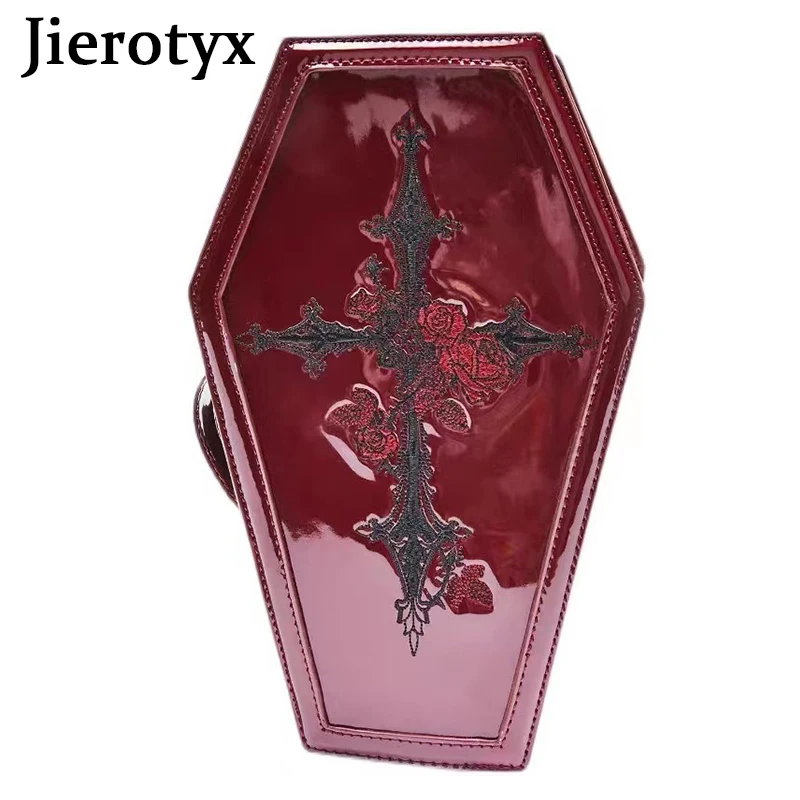 JIEROTYX Harajuku Gothic Purses and Handbags for Women Embroidered Cross Rose Vintage Shoulder Crossbody Bag Punk Conffin Shape