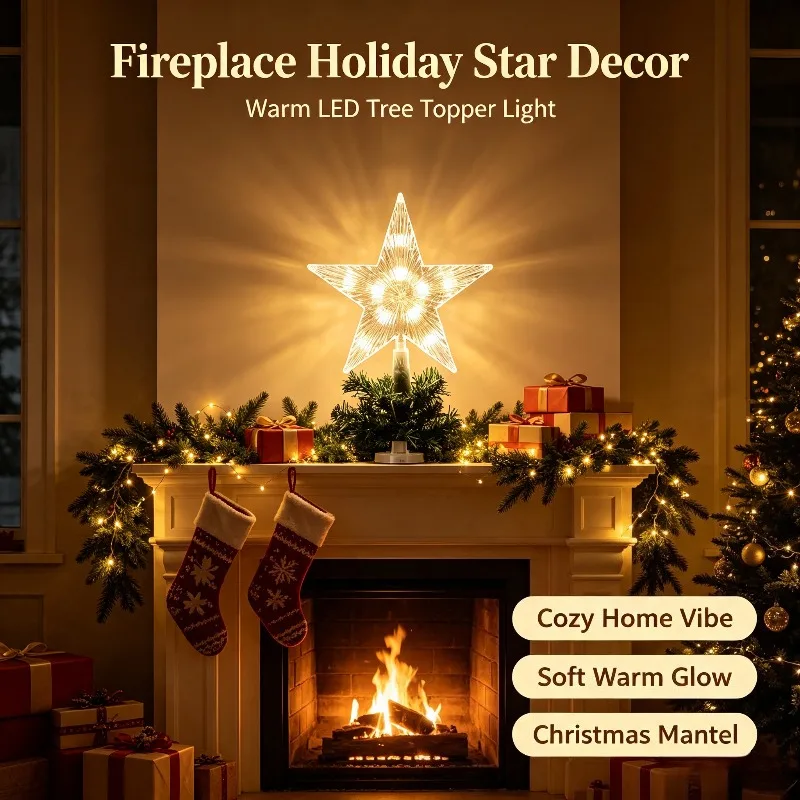 15CM Christmas Tree Topper Light, LED Star Ornament with Battery Power, Xmas Holiday Decoration for Home New Year