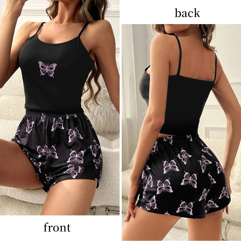 Two Piece Summer Camisole Sexy Pajama Set Women\'s Printed Butterfly Sleeveless Top Elastic Waist Shorts Casual Sexy Home Pajamas