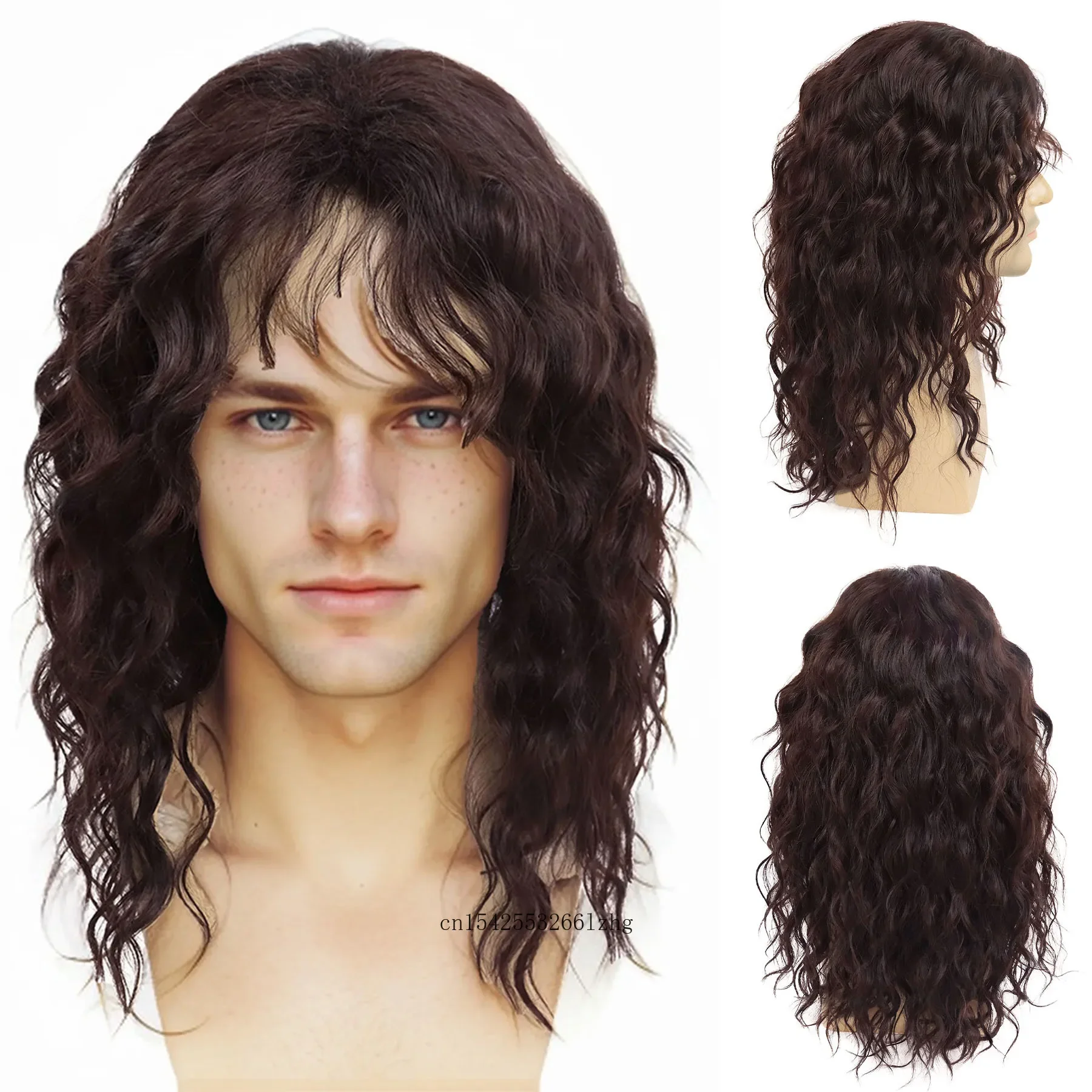 GNIMEGIL Synthetic Natural Brown Wig Long Curly Hair for Men Daily Use Layered Wig with Bangs Gift Outfits Costume Party Wigs