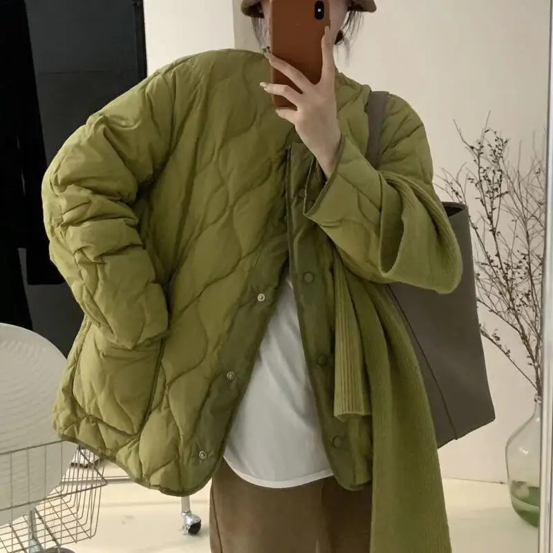 

Korean Women Patchwork Diamond Cotton Jacket Fall Winter Fashion Round Neck Quilted Jacket Lightweight Comfort Female Outerwear