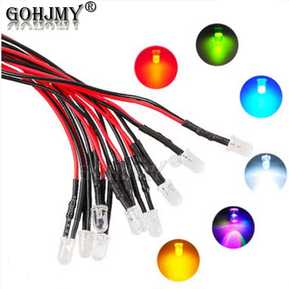 10PCS 3V 5V 12V 24V DC 5mm Water Clear LED Diodes Red/Green/Blue/Yellow/Orange/White/RGB Pre-Wired 20cm Cable