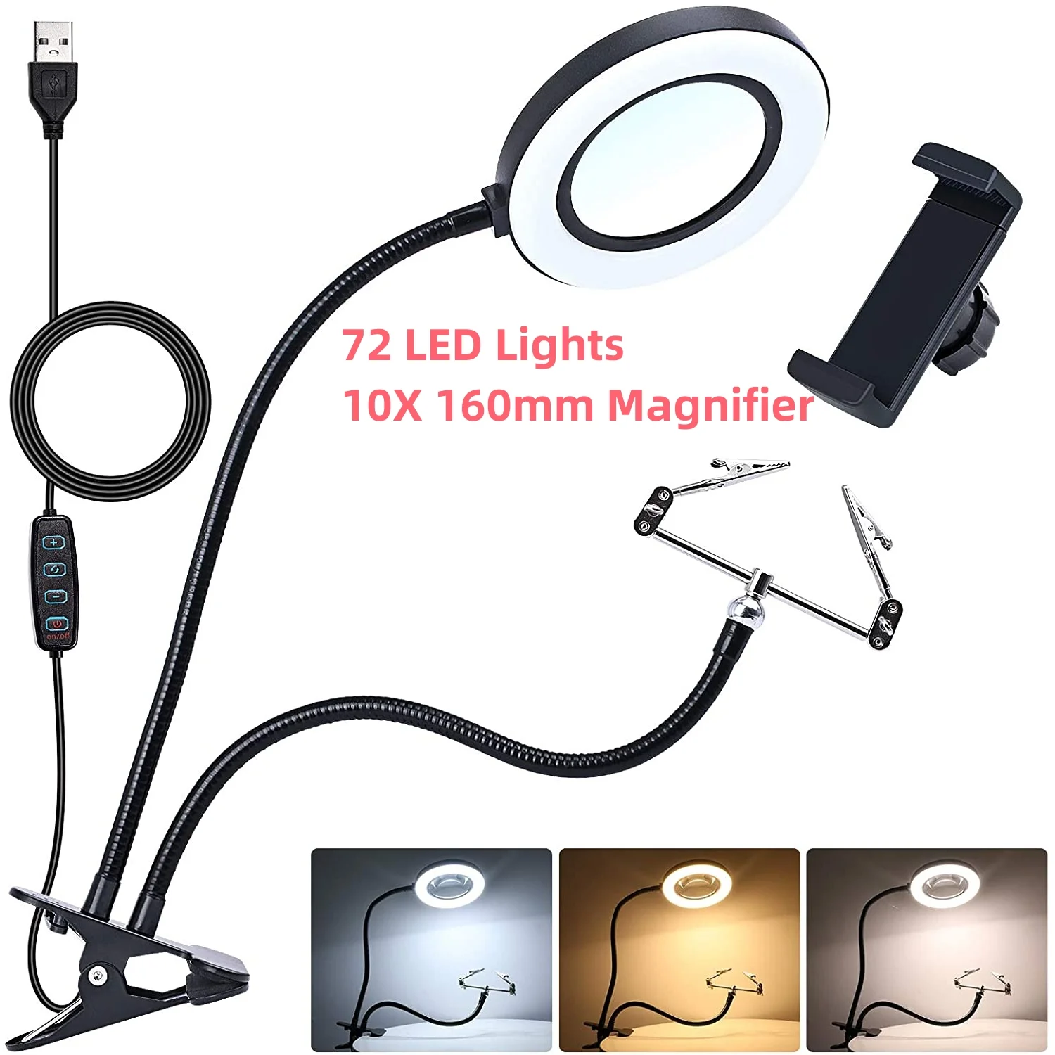 10X Magnifying Glass with 72 LED Light Magnifying Lamp Clip On Illuminated Magnifier Selfie Ring Light with Phone Holder Metal