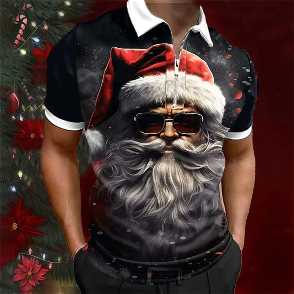 Christmas Men's T-Shirt Funny Santa Claus 3d Print Short Sleeve Polo Shirts Micro Elastic Oversized Zip Polo Shirts Men Clothing