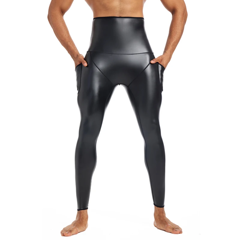 Men trend elastic shapers leather pants, glossy finish, slimming, with Pockets, motorcycle, windproof and waterproof tight pants