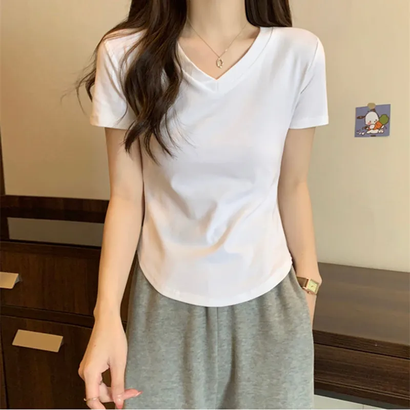V-Ne Pure Color ort Sve Women's T-irt Slim Fit ort Sle Versatile round Hemline Design Sense Casual Top