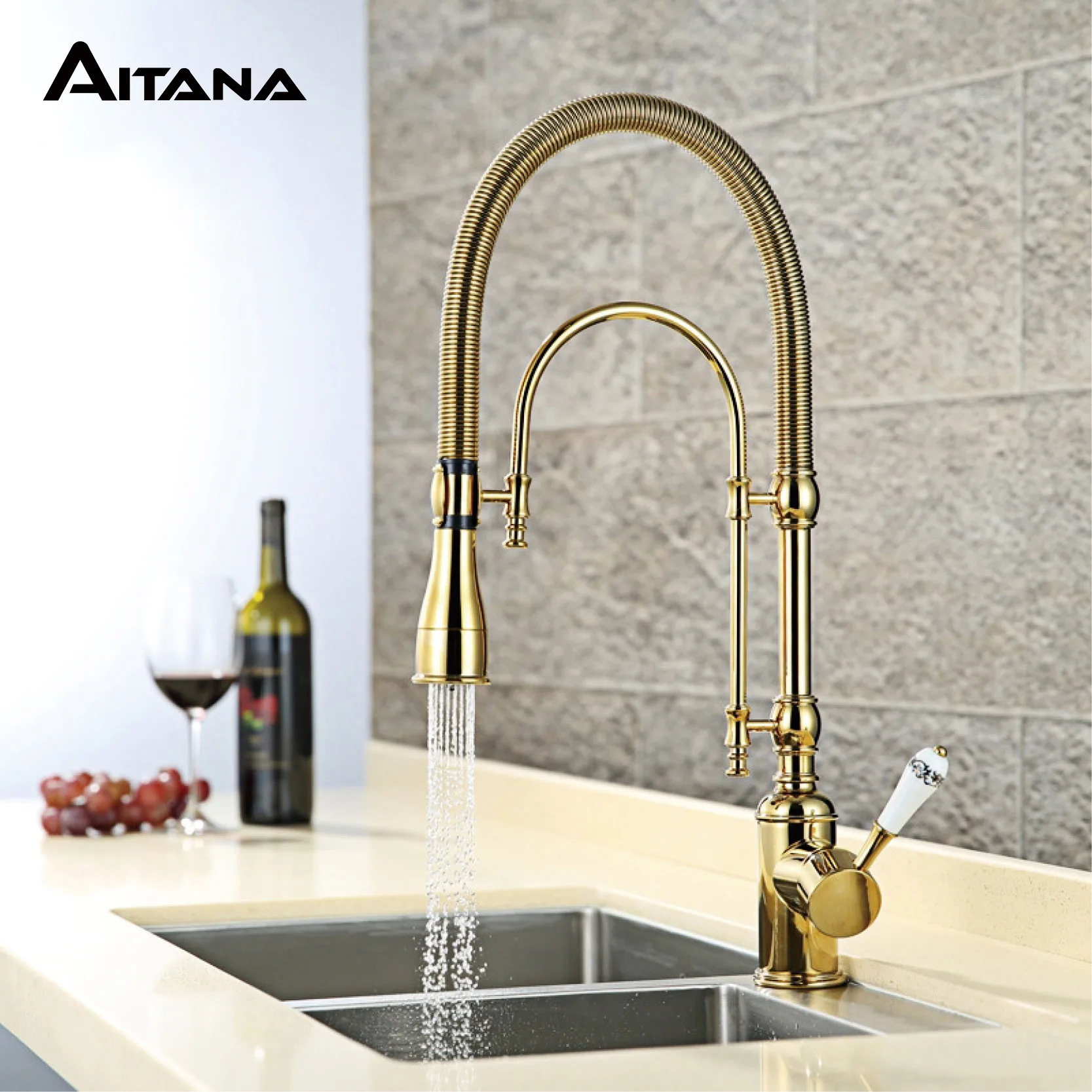 AITANA Luxury golden brass kitchen faucet with retro design, single handle Hot and Cold dual control 2 function Sink Mixer