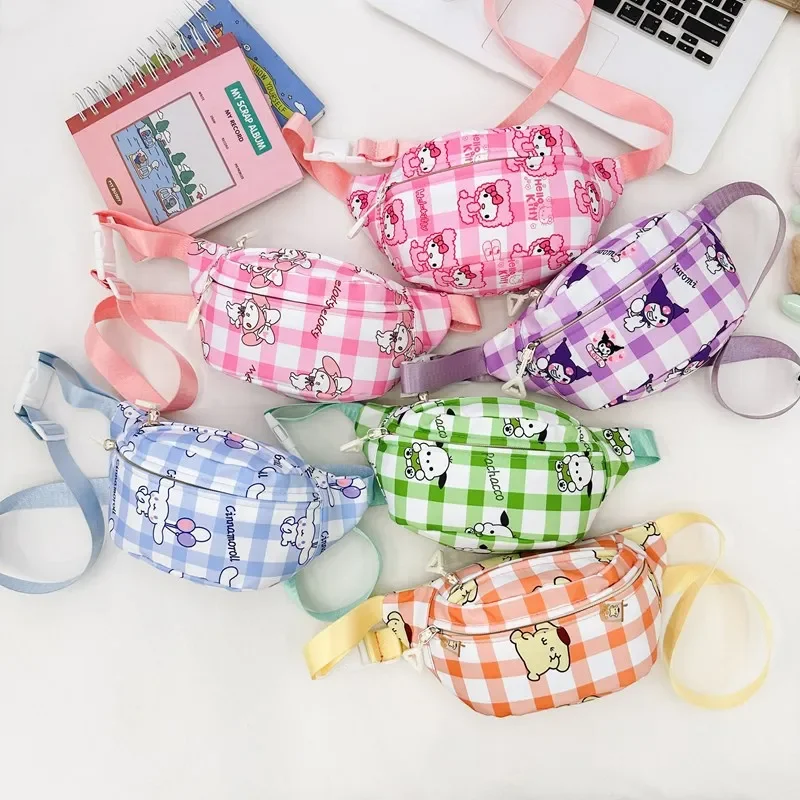 Sanrio Hello Kitty Kuromi Melody Plaid Chest Bag Cinnamoroll Crossbody Shoulder Bag Waist Storage Pouch Sling Backpack Gifts