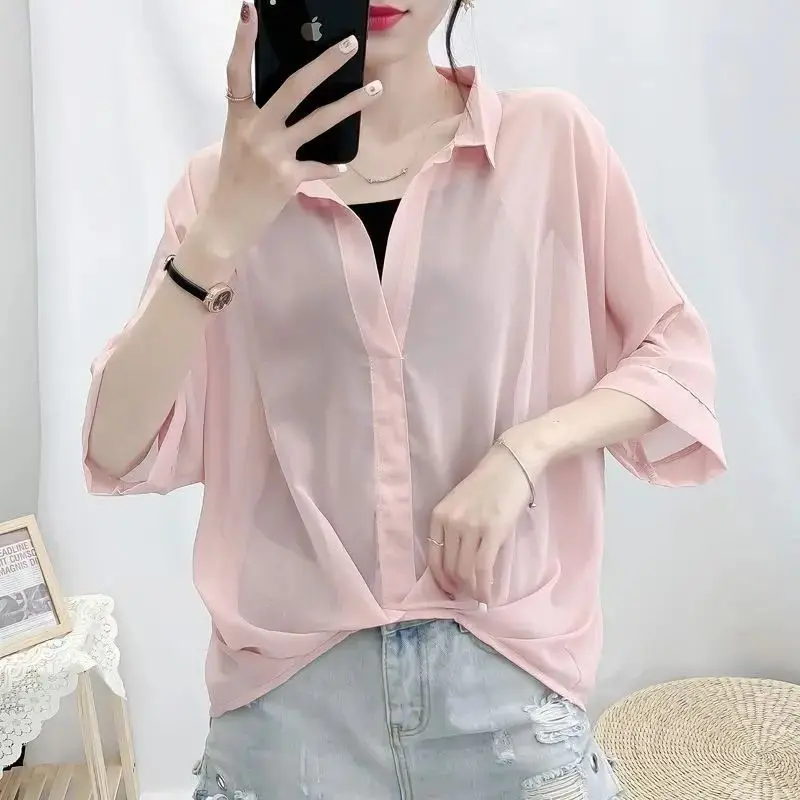 Conjunto de camisa feminina de colarinho chiffon, tops de manga curta, blusa meia aberta com gola, roupa fina com protetor solar, moda verão, novo, 2 peças