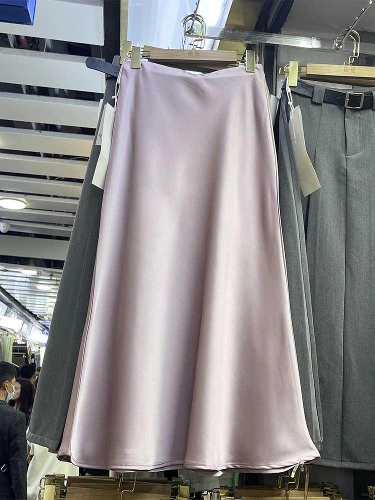 Women‘s Summer Skirts Satin Silk Elegant Office Ladies High Waist Champagne Long Skirt Korean solid Fishtail A-line Skirt Women