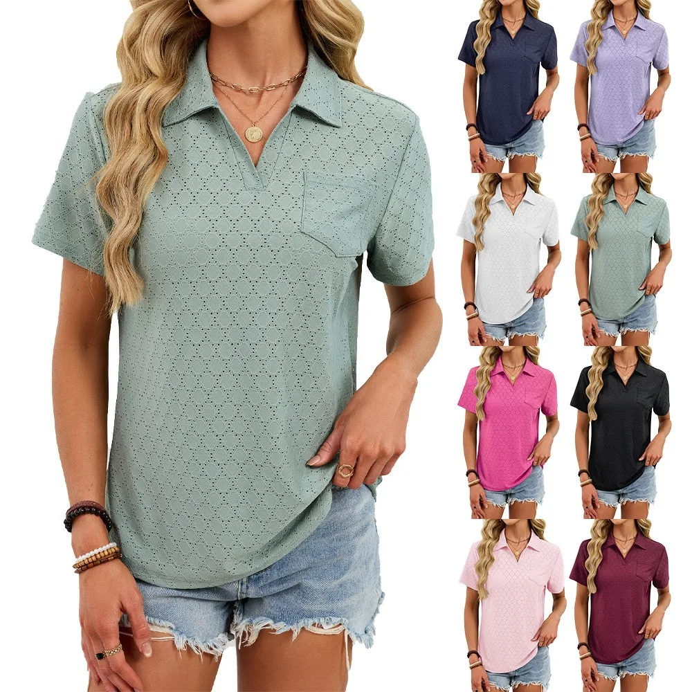Summer Women Short Sleeve T-shirt Cotton V Neck Solid Color Casual Loose Fit Top Pastel Green Navy Blue White Pink Mauve Black