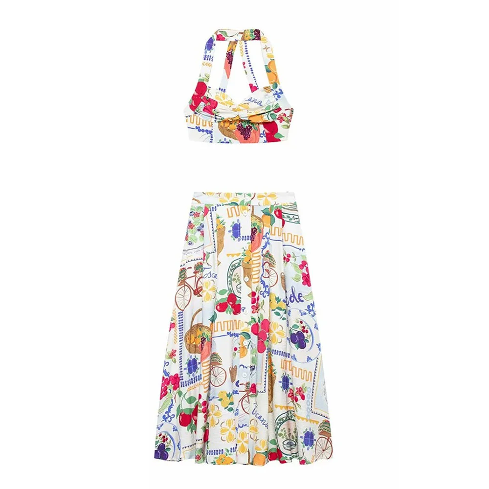 2024 Autumn European And American Style Women\'s Clothing New Fashion Casual Temperament Patchwork Printed Top Half Skirt Set