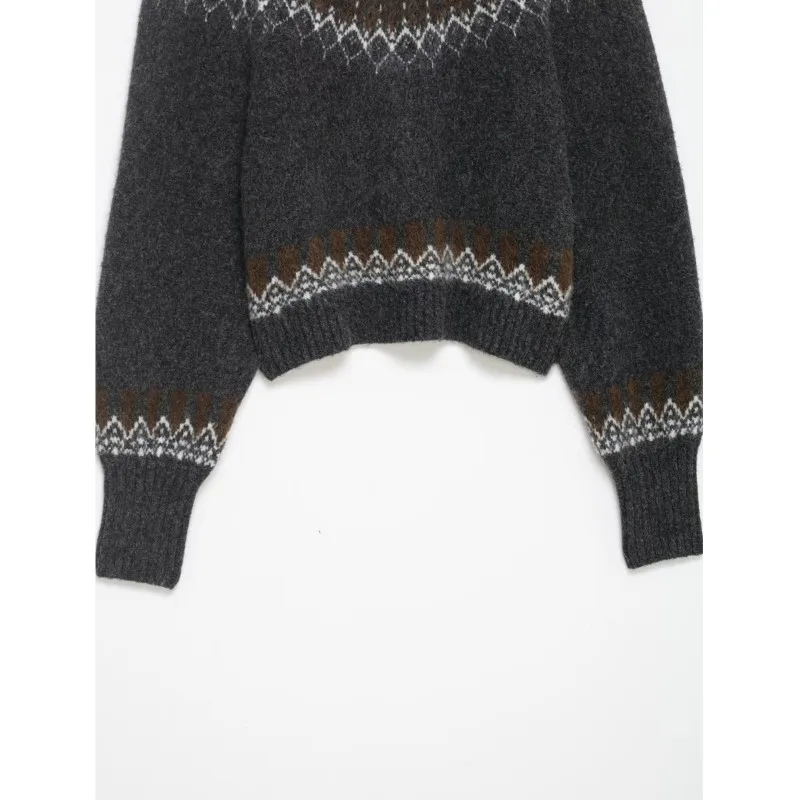 เสื้อสเวตเตอร์ถักลายแจ็คการ์ดสำหรับผู้หญิง สไตล์วินเทจ อุ่นสบาย คอกลม ลำลอง แฟชั่น แขนยาว เสื้อสตรีทแวร์