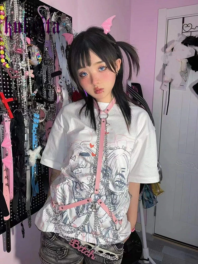 Kukeita Cartoon Print T-shirt Women Tee Y2k Harajuku Aesthetic Black White Casual T shirt Summer Punk Girls Streetwear Anime Tee