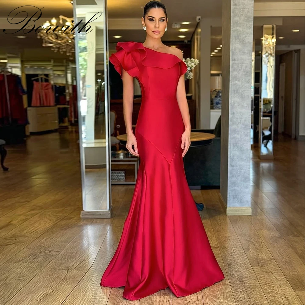 

Bowith Mermaid Red One-Shoulder Evening Dresses Ruffle Satin Floor-Length Prom Gown Customized Party Dresses