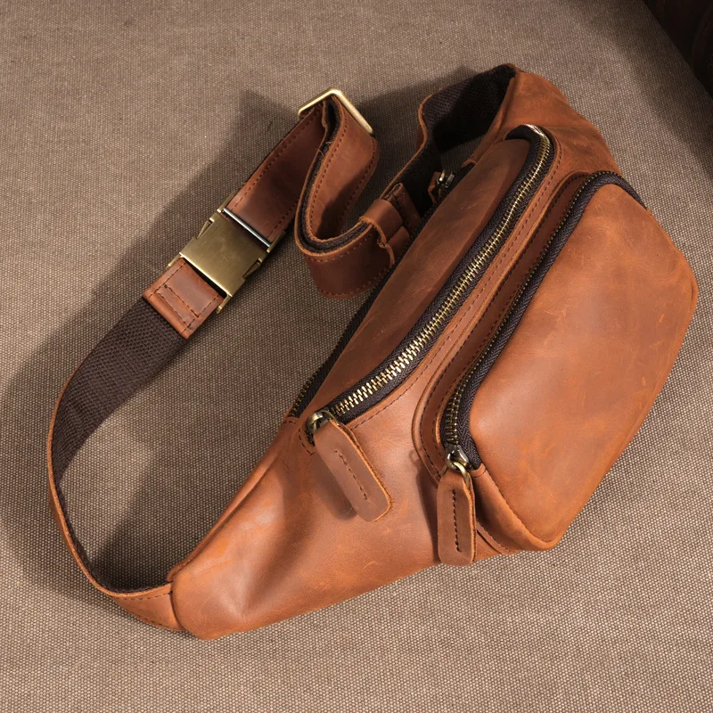 

Retro Crazy Horse Leather Men's Fanny Pack Genuine Leather Crossbody Cowhide Mobile Phone Change Breast Bag Stylish Simple Versa