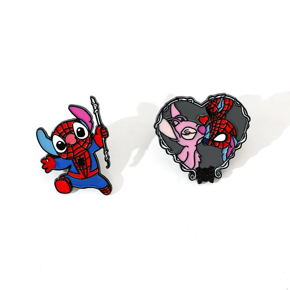 2 Pcs/set Cartoon Lio & Stitch Kiss Enamel Pin Brooches Lovers Lapel Pins Badge Clothes Accessories Jewelry Halloween Gifts