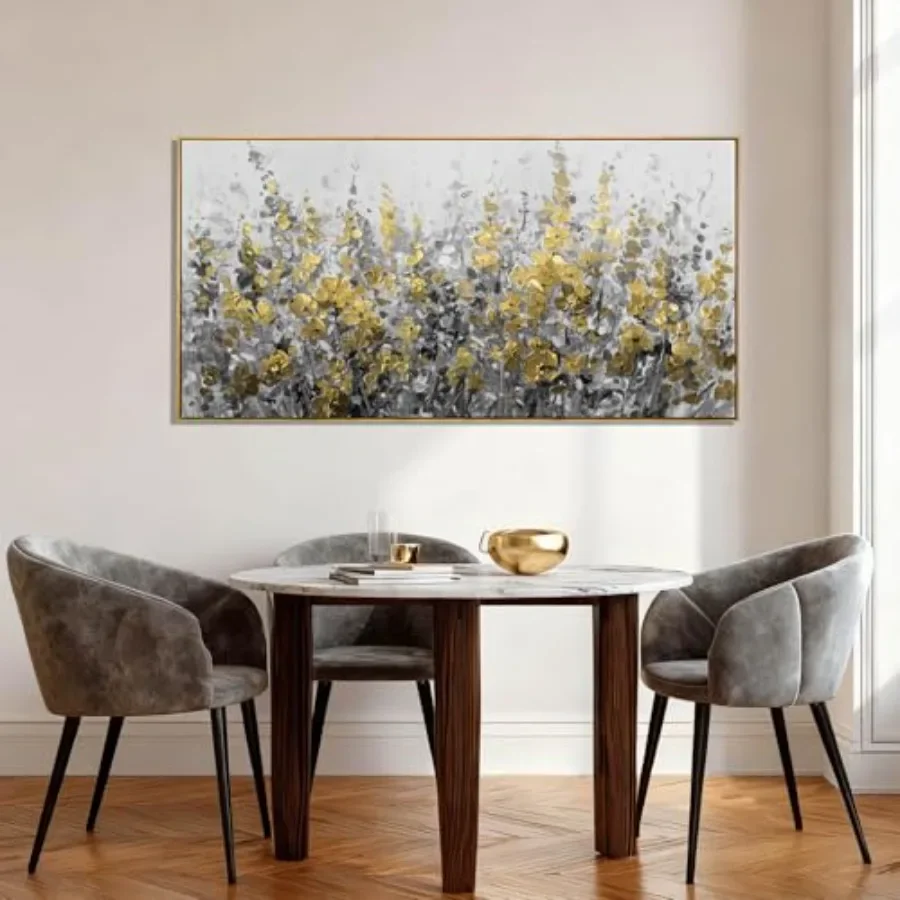 Living room bedroom office decor: gold and grey abstract flower canvas wall art, textured floral painting, 24x48 inch, modern d view 5