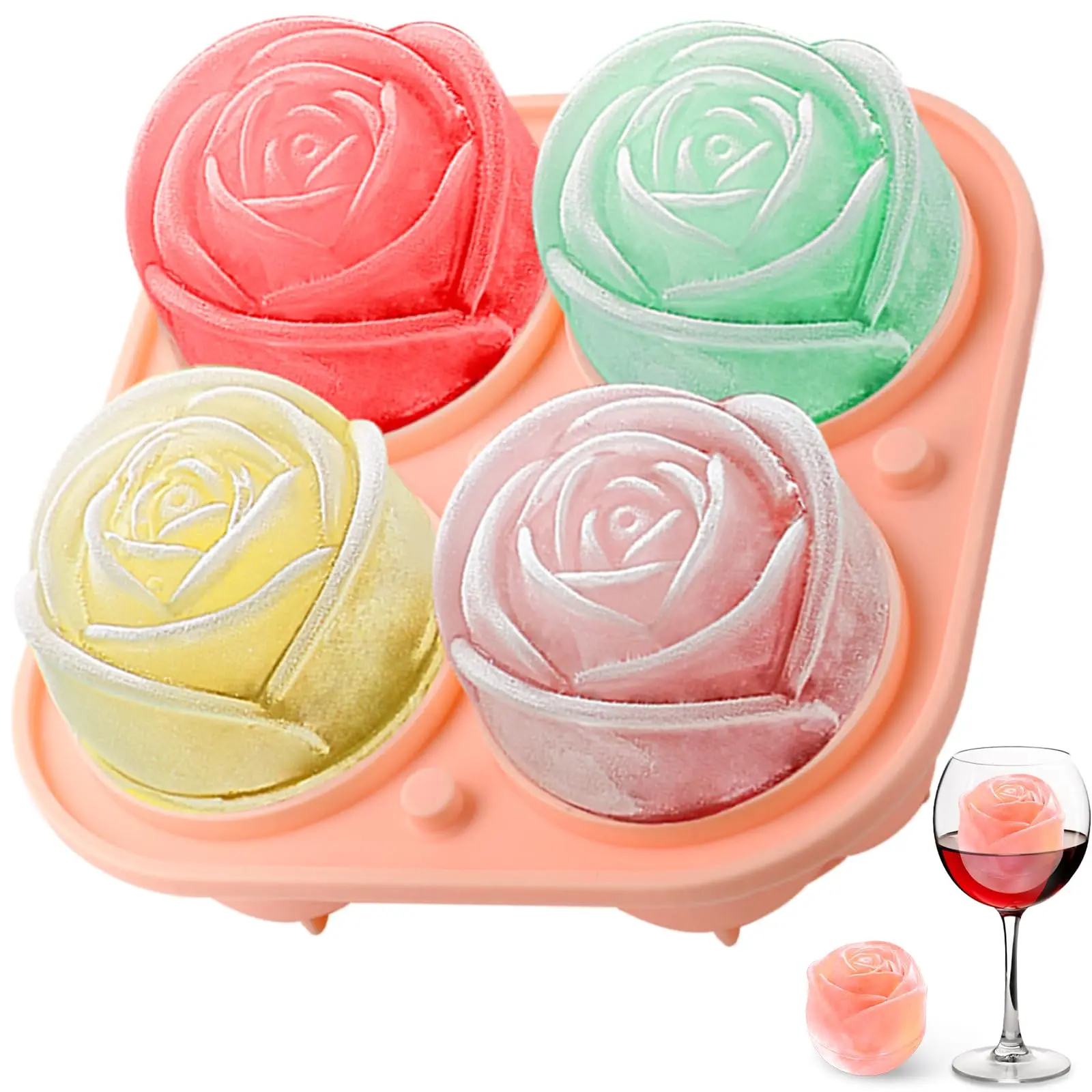 3D Rose Silicone Ice Molds 4-Hole Ice Cube Tray Flower Shape Ice Ball Maker Kitchen Bar Utensils Accessory
