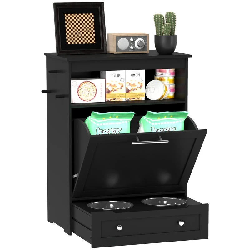 

Pet Feeder Station, Dog, Cat Storage Container, with Raised Bowls, Hanger, Cabinet - Black