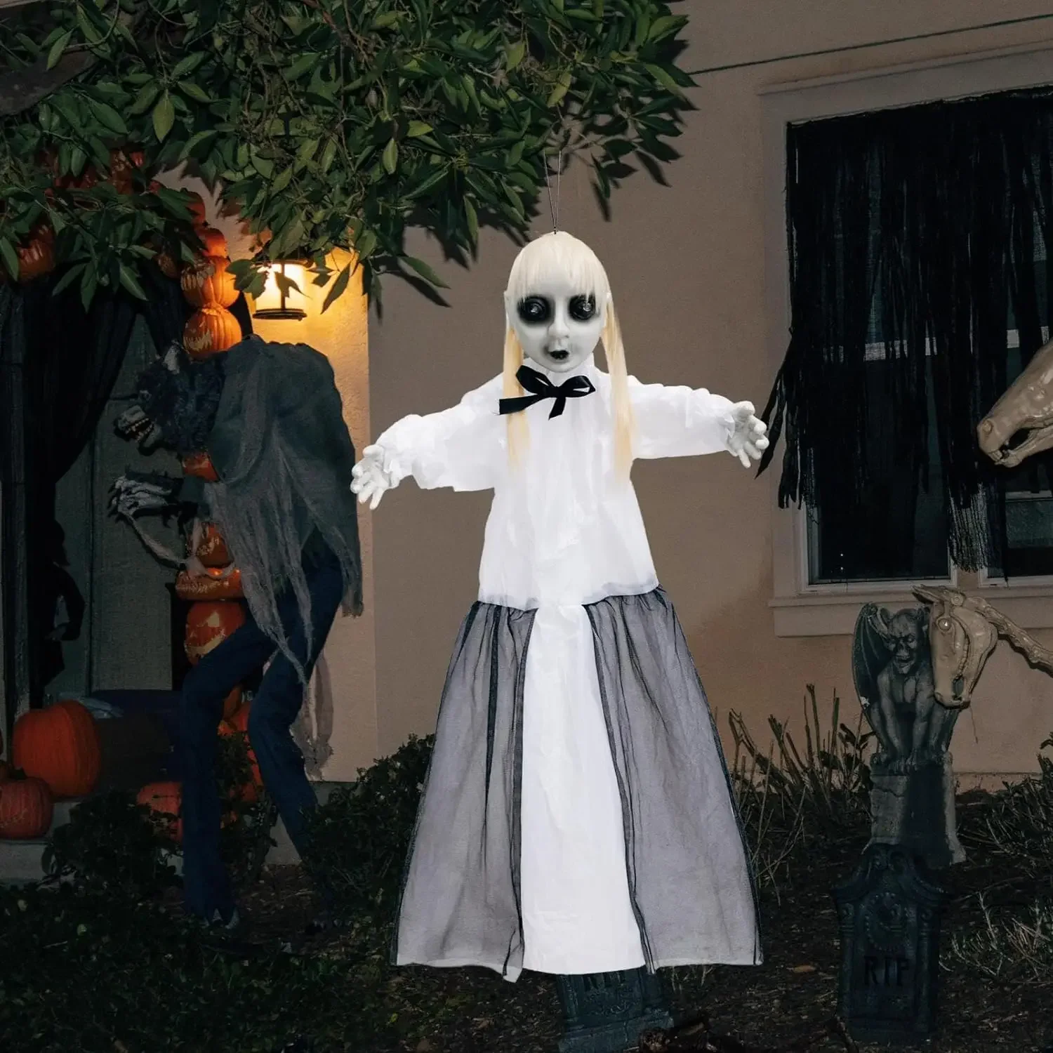 Halloween Animatronic Hanging Ghost Decor with Motion Sensor Light and Sound Scary Witch Prop for Haunted House Party Decoration