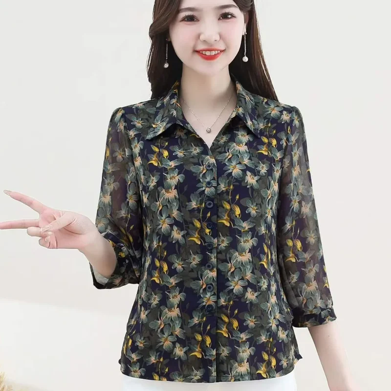 Women Lapel 3/4 Sleeve Floral Chiffon Blouse Casual Slim Fit Shirt