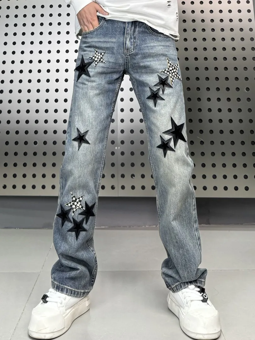 

Retro American Star Embroidery Denim Jeans Men's Women's Vintage Straight Leg Long Pants Faionable Versatile mid Waist Zipp...