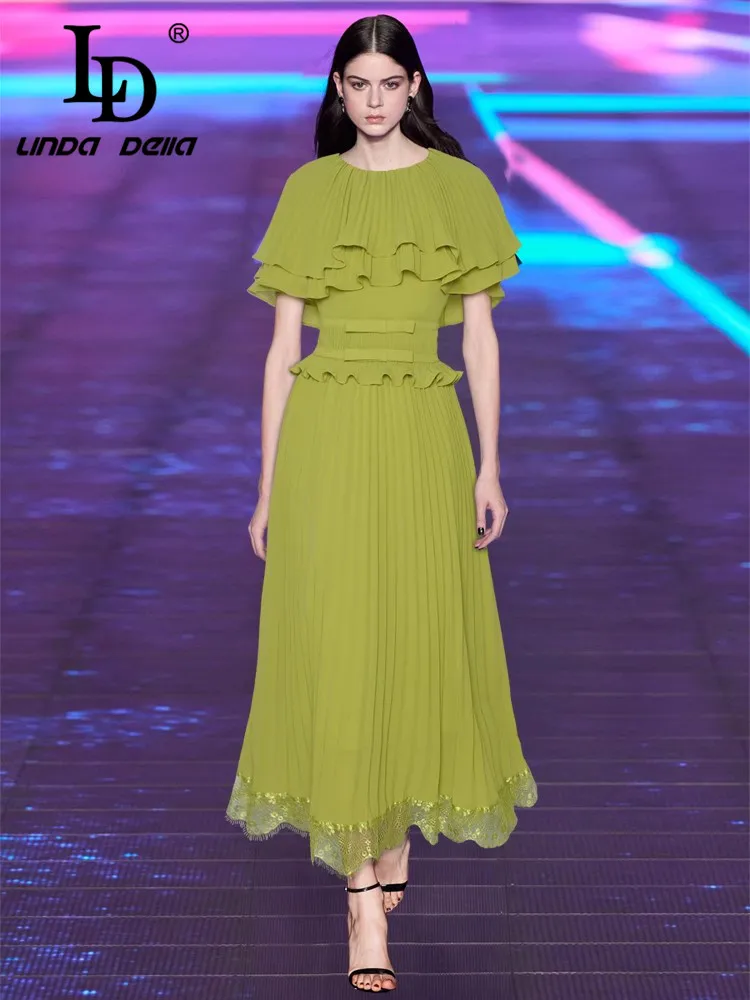 

LD LINDA DELLARound Neck Waist Cnched Ruffle Edge Pleated Lace Edge Patchwork Princess Style Dress 2025 Summer new style