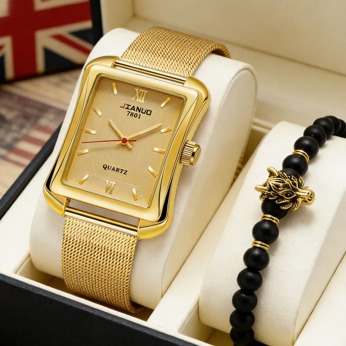 Gold Large Rectangle Men's Watch with Simple Scale Matching Dragon Head Bracelet 2-Piece Set Casual Style