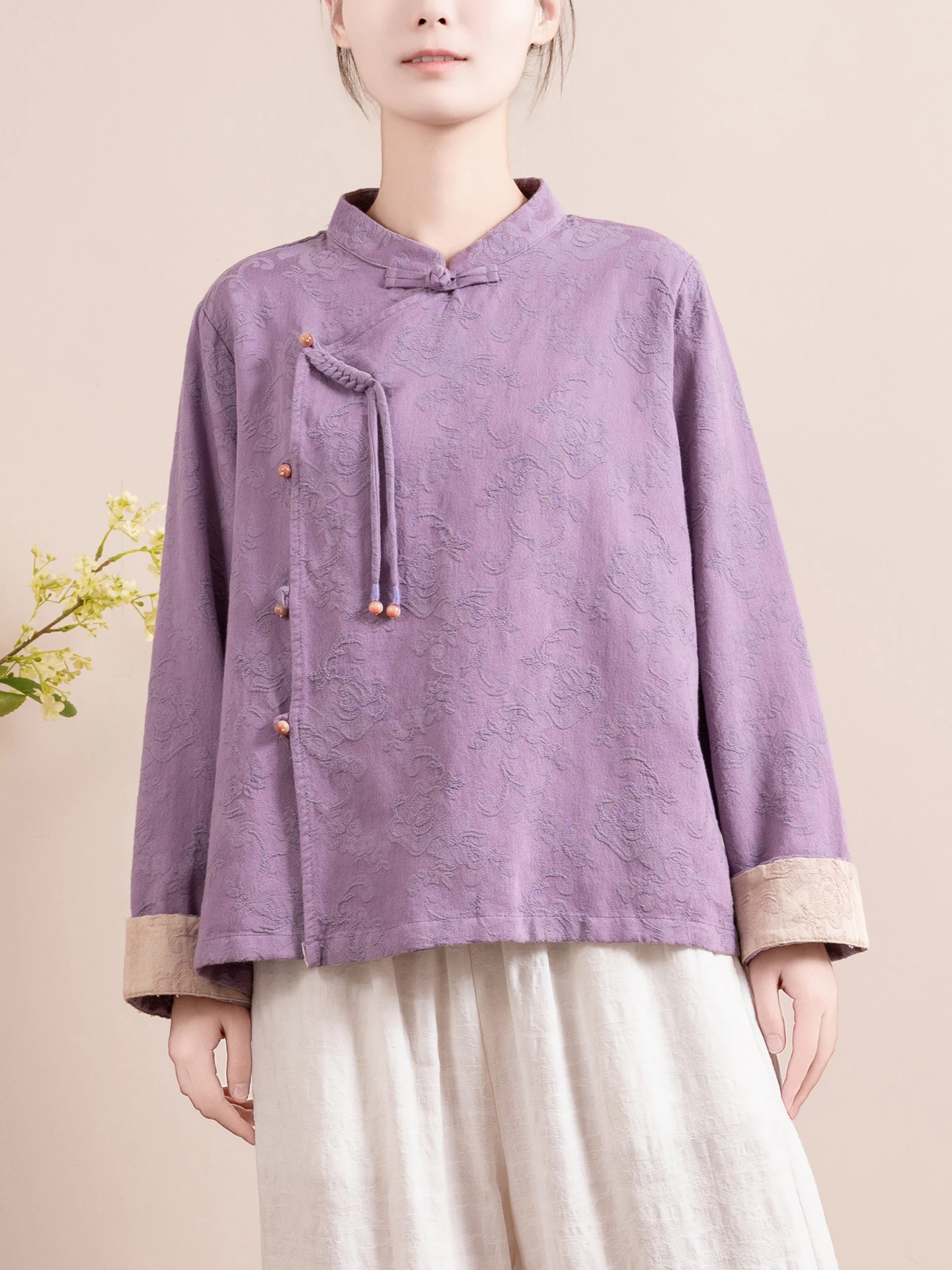 

Artistic Chinese Sle Long Sve irt Women's Faion Spring Autumn Cotton Linen Blend Breathable Straight Cut Button up