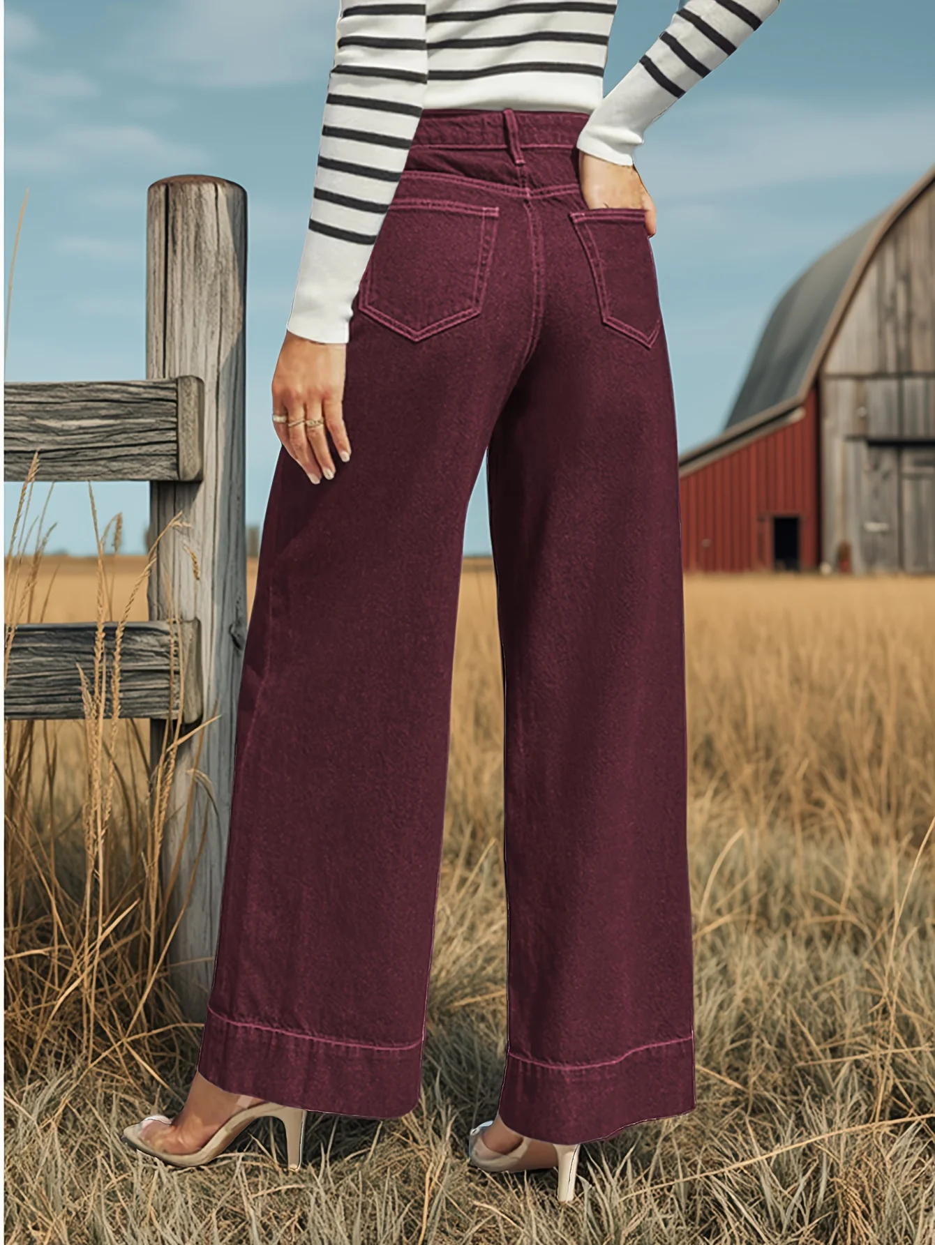 Jean taille haute rouge vin pour femme, jambes larges, en tissu extensible, avec patte de boutons, doux et confortable, slim, délavé, nouvelle collection automne