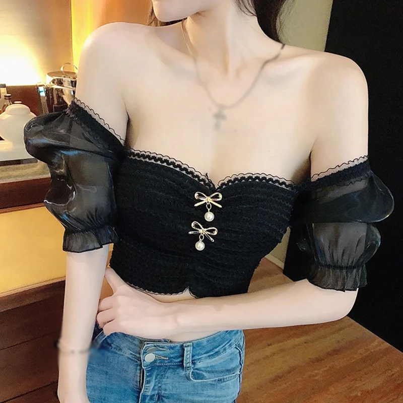 Summer Women\'s Blouse Square Collar Lace Slim Sexy Exposed Navel Knitted Short Sleeve Top