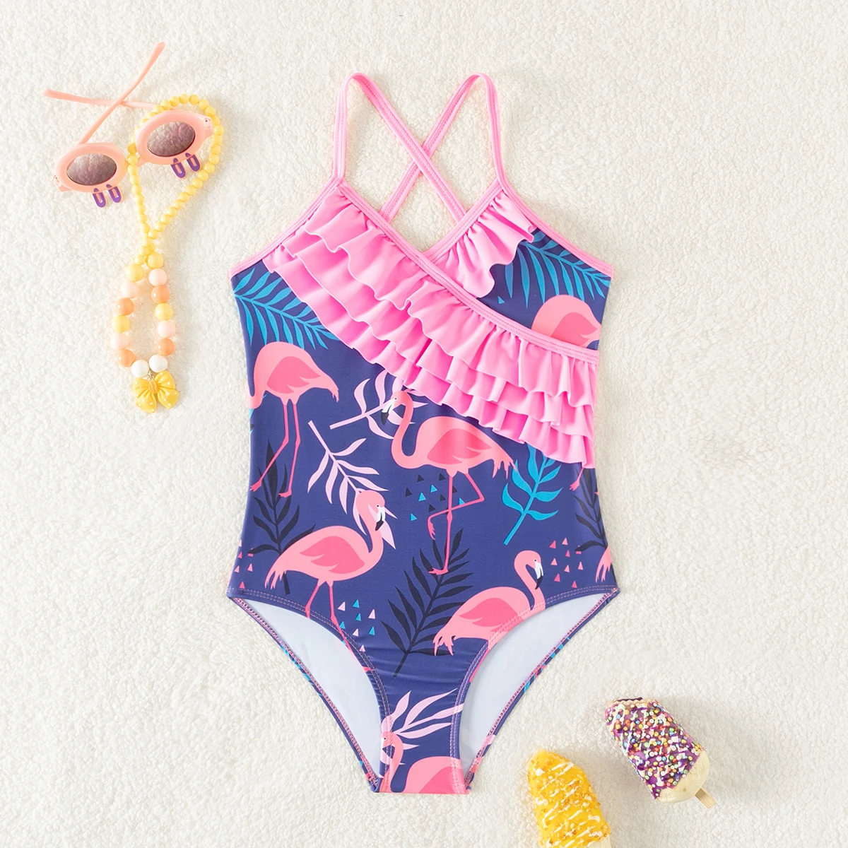 Girls Kids Teen Flamingo Graphic 3 Layer Ruffle One Piece Swimsuit Summer Surf Child Girls Swimwear Beach Clothes Bathing Suit