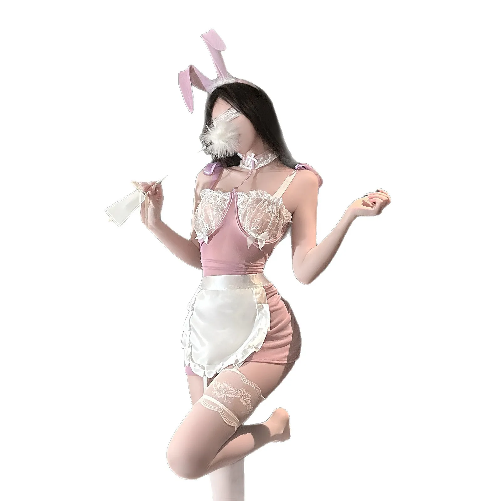 

Сексуальное кружевное белье: комплект костюма горничной-зайчика с фартуком, боди-пеньюар на косточках, пояс с подвязками, прозрачная сетчатая одежда с открытой промежностью