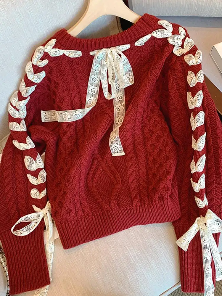 Women\'s Christmas Red Pullover Knitted Sweater Elegant Harajuku Y2k Long Sleeves Knit Sweaters Jumper Vintage 2000s Clothes 2024