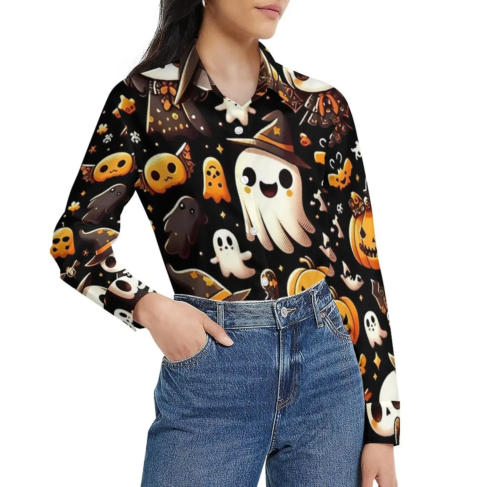 

Вечерние блузки на Хэллоуин, топы в стиле ретро с длинными рукавами и черепами, женские весенне-осенние рубашки с воротником, уличные модные рубашки, рубашки с узором тыквы