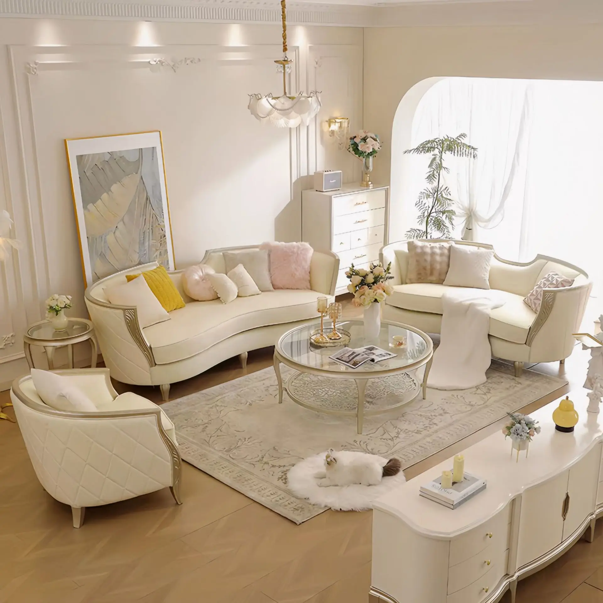 YJQ American light luxury solid wood leather French high-end atmosphere high-end living room European sofa combination