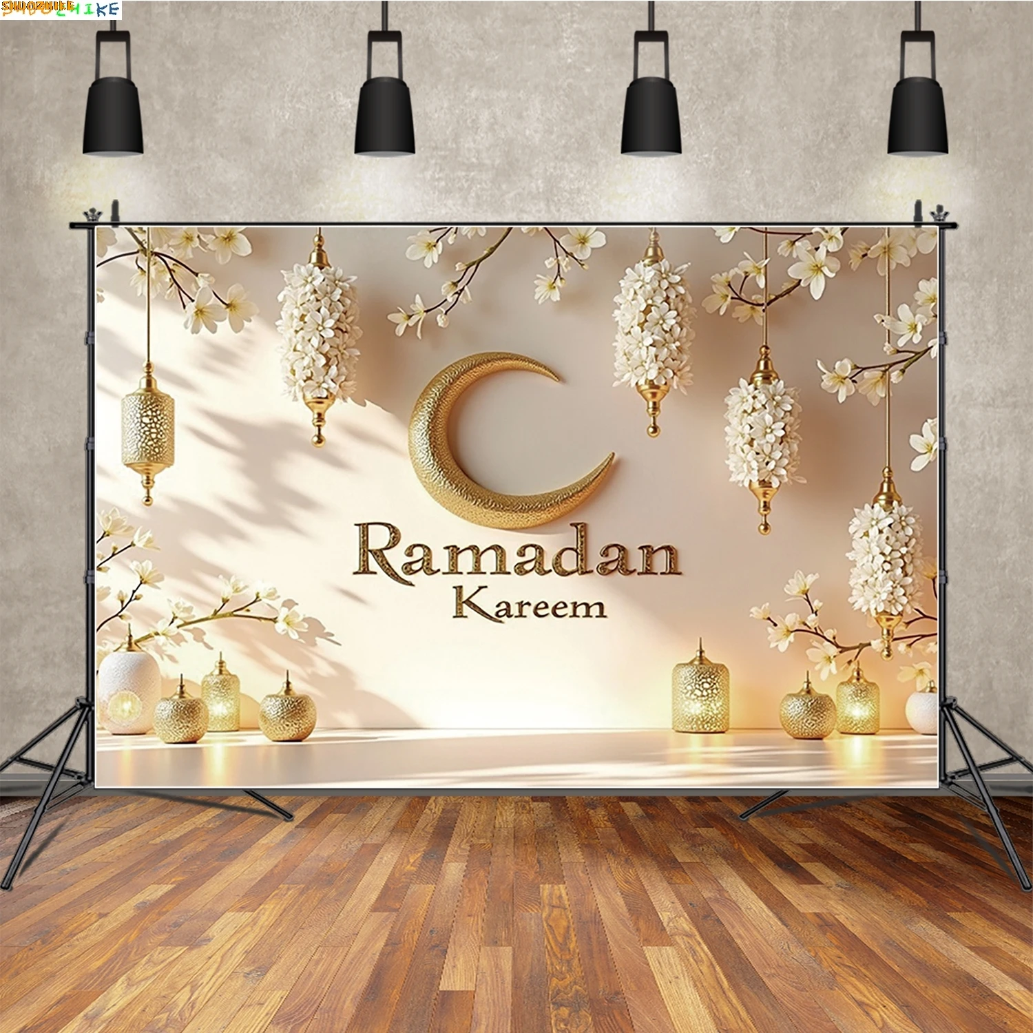 

Islamic Ramadan Mubarak Photography Backdrop Flower White Wall Moon Festival Background Banner Studio Photo Props