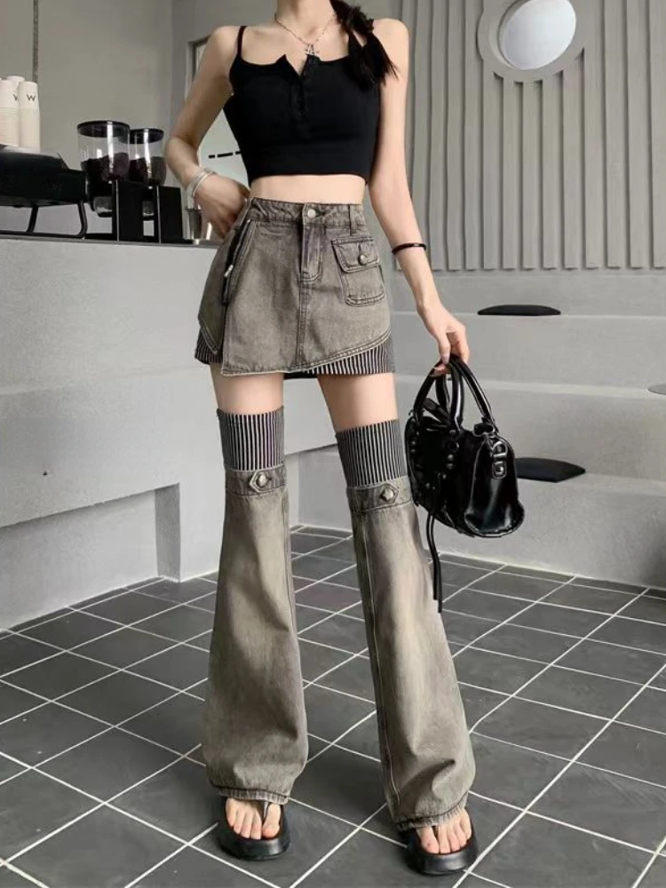 

Fashion Patchwork 2 Piece Set Denim Skirt Women Aesthetic Irregular High Waist Cowboy Female Vintage Stripe Wash Short Skirt New