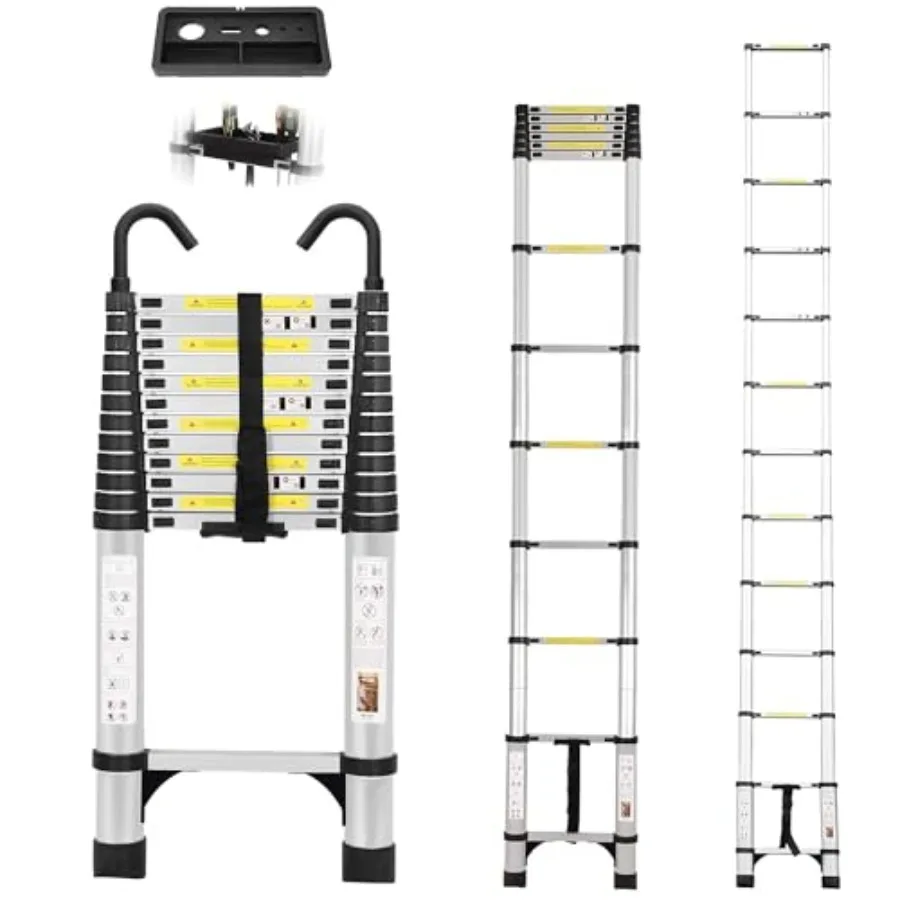 16.5 FT Telescoping Aluminum Ladder Lightweight Multi-Purpose Extension Ladder with Tool Tray and Non-Slip Feet in Silver for H