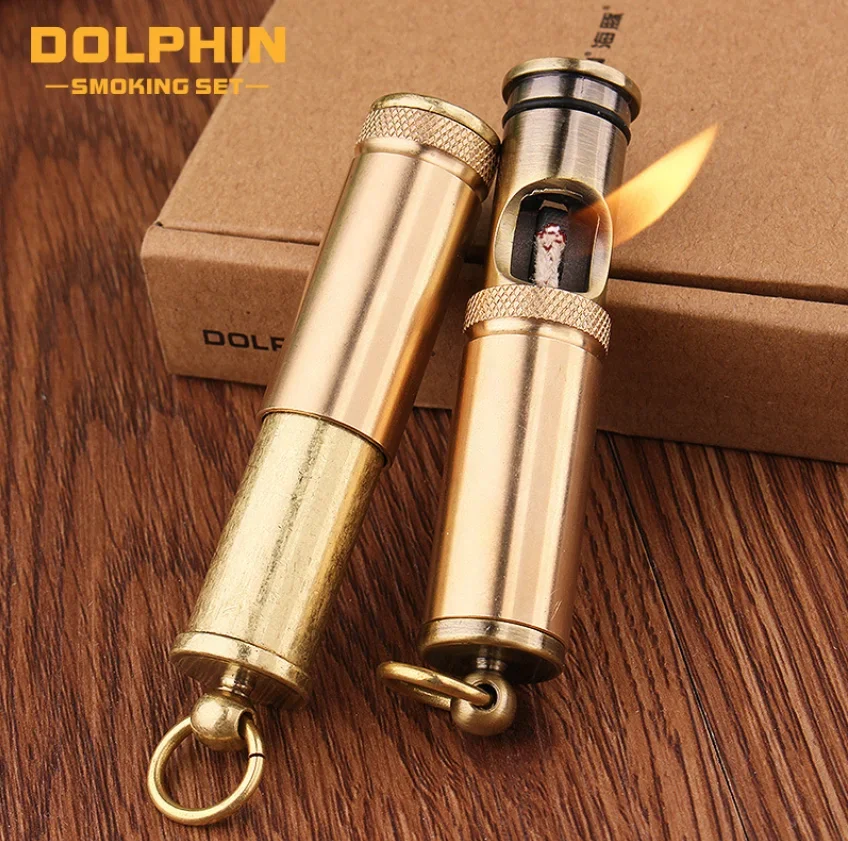 DOLPHIN cylindrical personalized push-pull retro pure copper cylindrical groove kerosene lighter portable small tool keyring