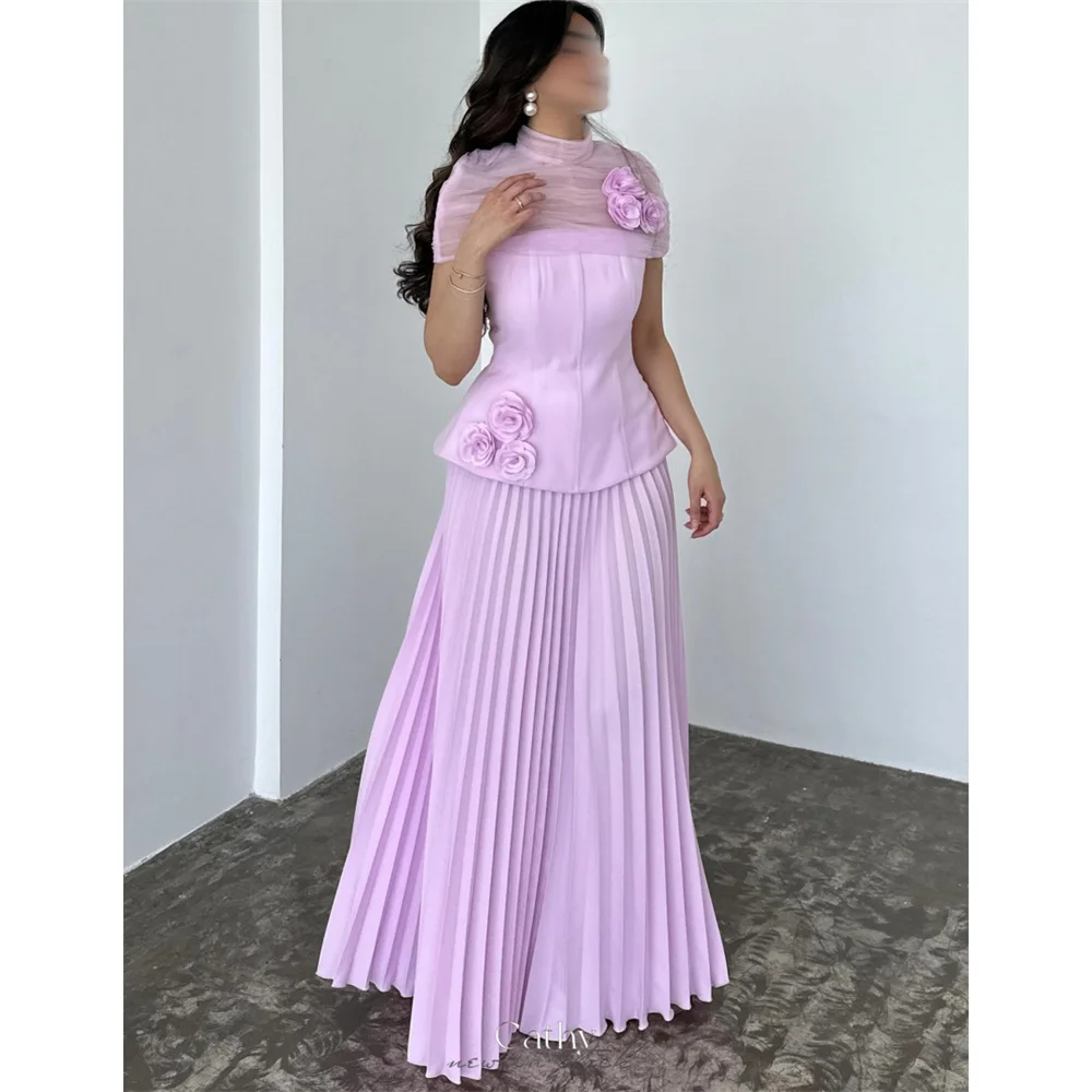 

Cathy Customized Purple Shawl 3D Flower Prom Dress Pleated Sleeveless vestidos de noiva A-Line Floor-Length Formal Evening 2025