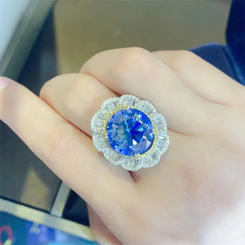 Luxury Platinum Solid Platinum PT950 Women's Ring Diamond Blue 10 Carat Round Cutting Micro Set Proposal Wedding High End Jewelr