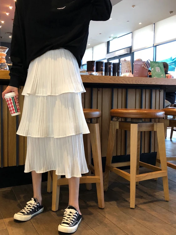 High Waist Cake Skirt Half Skirt Chiffon Pleated Midi Skirt Women's Fashion Spring Summer A-Line Silhouette Brand Design