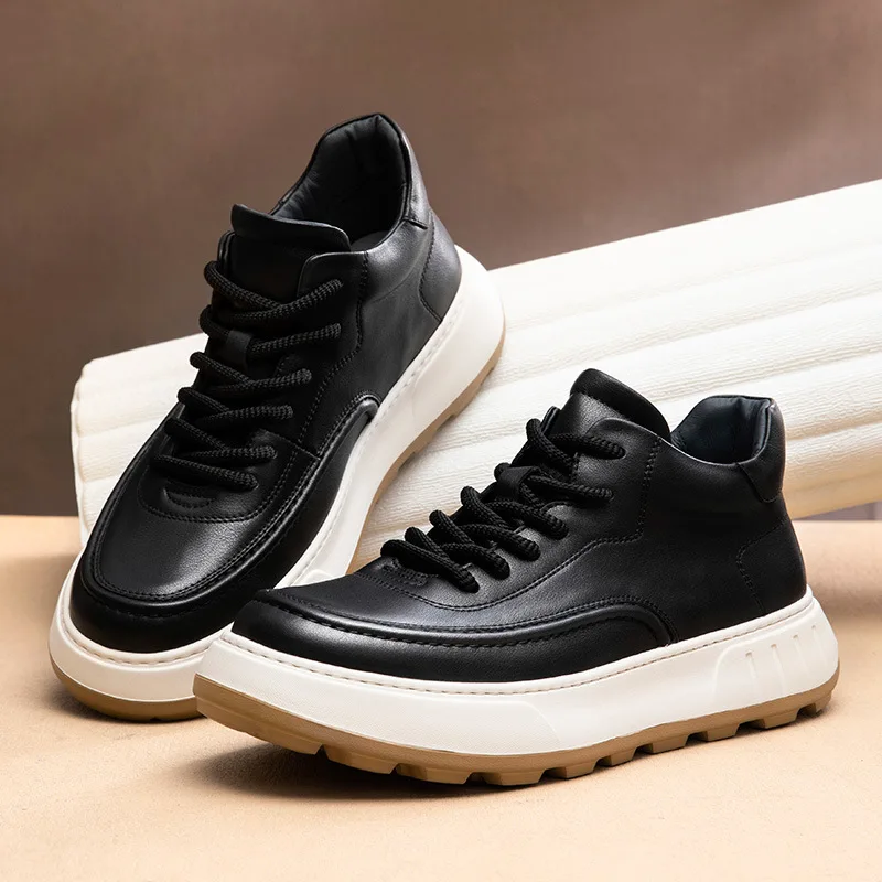 Handcrafted Men's Leather High Top Boots, Chunky Sole Platform Lace up Ankle Boots, Warm Lined Autumn Winter Casual Shoes