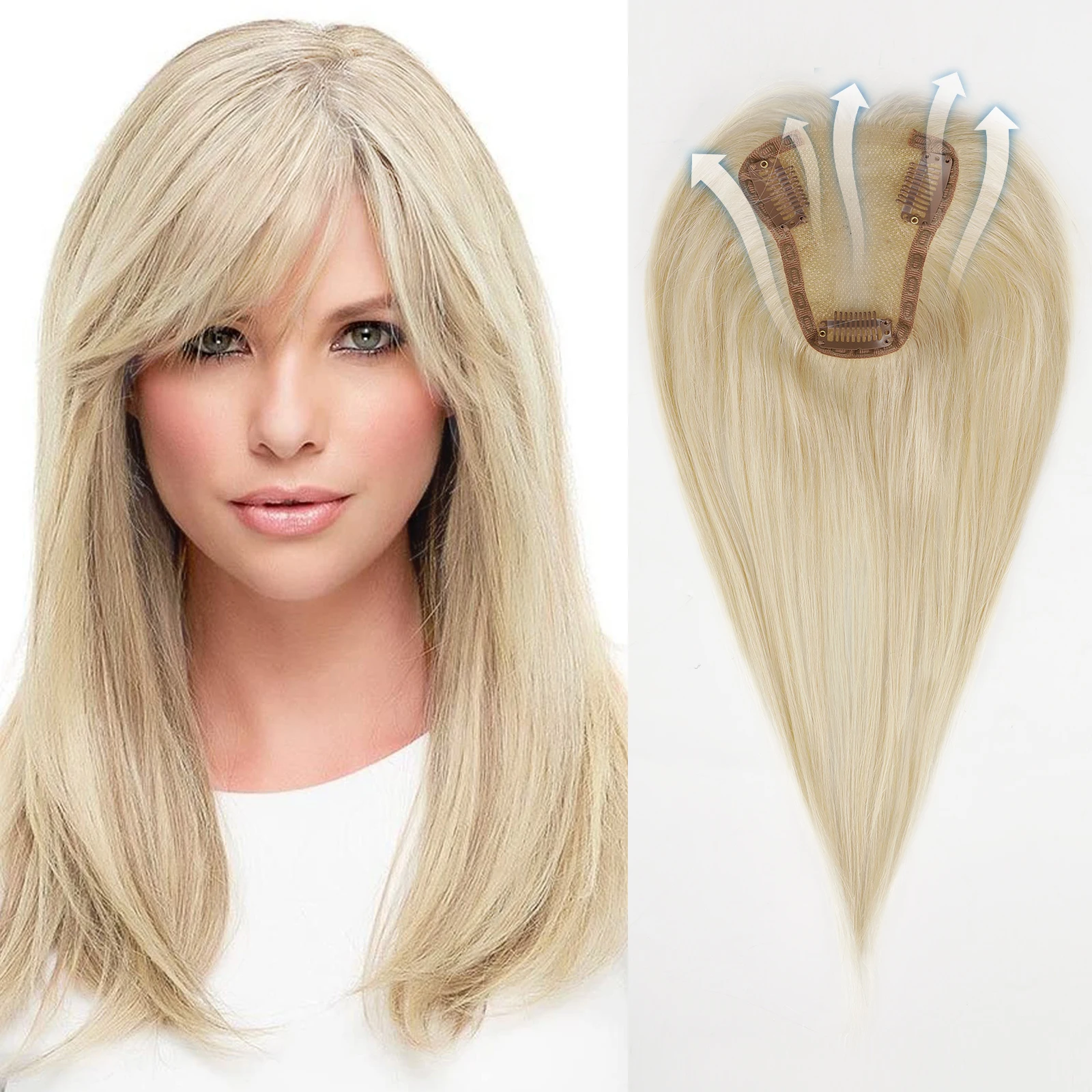 Toppers de cheveux humains Remy avec clips, blond clair, base en dentelle, partie centrale, 12 \