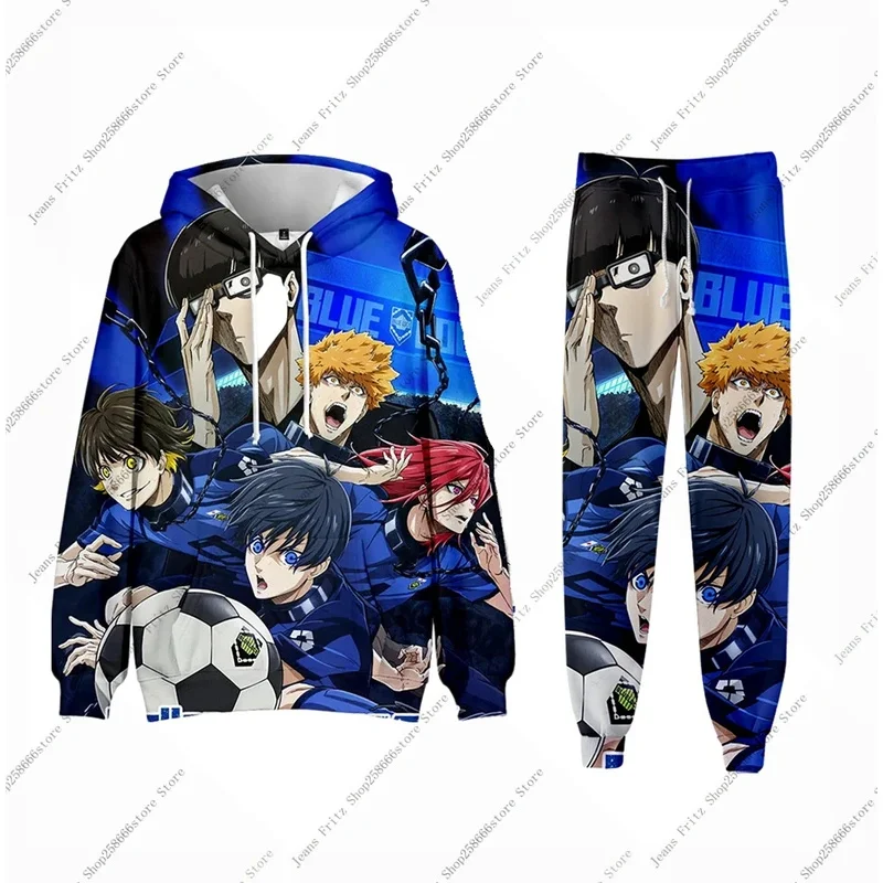 Conjunto de 2 uds de Anime Blue Lock, Sudadera con capucha con estampado 3D, chándal para hombre, conjunto de 2 piezas, ropa deportiva para hombres y mujeres, ropa Unisex, conjuntos para niños